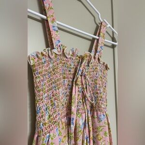 Vintage Handmaid Floral Smocked Top Ornamental Tie Front Ribbon Edged Dress